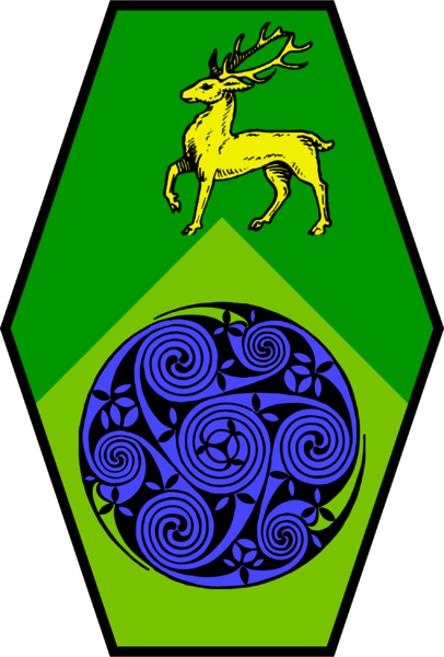 vert a stag passant or, per chevron chartreuse a Celtic ornament 2 azure.png