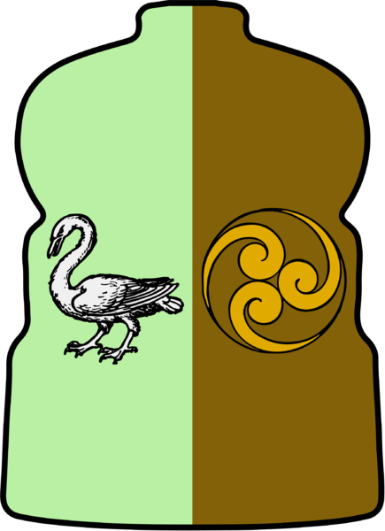 marron a Tomoye Mon of the House of Arina jaune d'or, per pale pale vert a swan argent.png