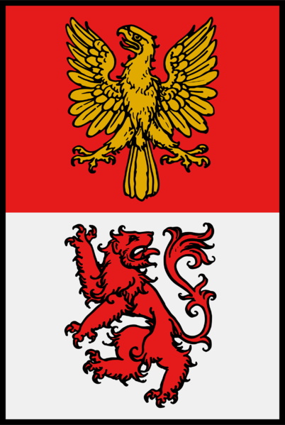 gules a eagle displayed jaune d'or, per fess argent a lion rampant regardant gules.png