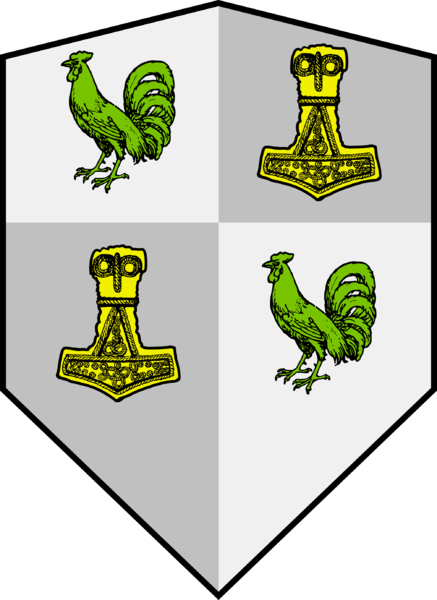 pale gris two Thor's hammers or, quarterly argent two cocks chartreuse.png