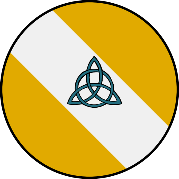 jaune d'or, over a bend argent a trinity knot sarcelle.png